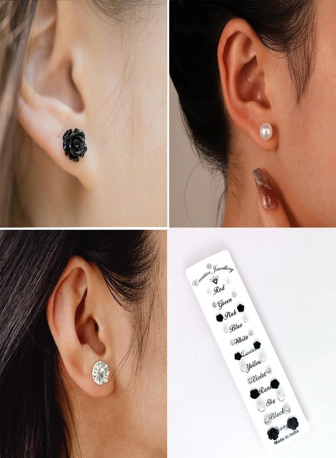 Honbon 12Pairs Rose Flower Ear Studs Simple Design Rhinestone Faux Pearl Ear Tops Tiny Studs Earrings set Casual Wear Ear-Ring Mix Size Fancy Earring Tops for Women & Girls - Image 4