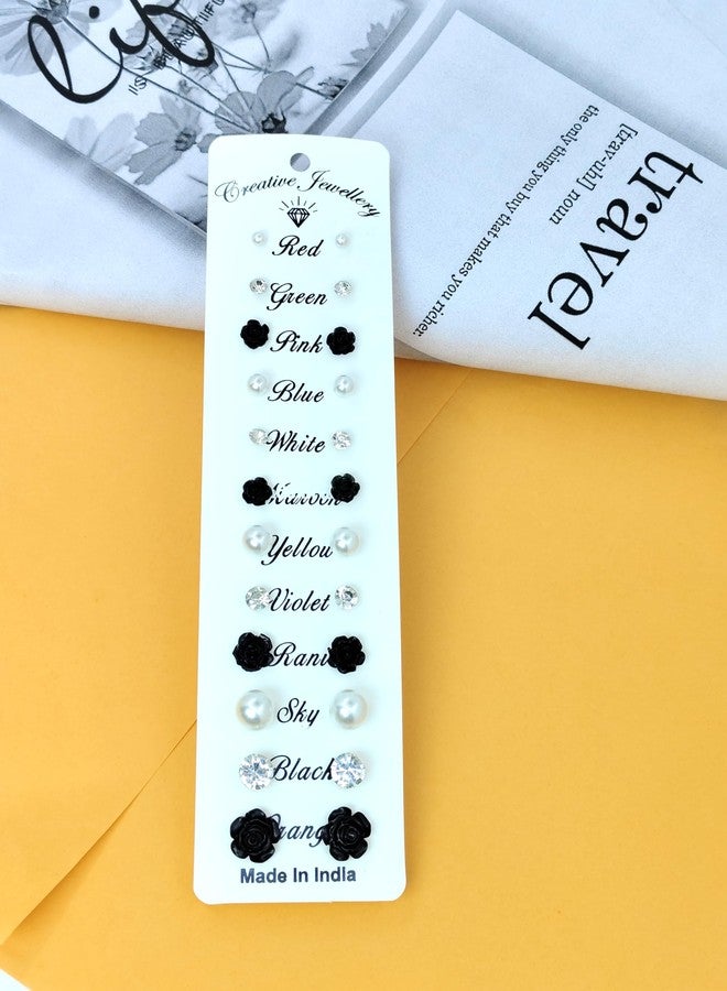 Honbon 12Pairs Rose Flower Ear Studs Simple Design Rhinestone Faux Pearl Ear Tops Tiny Studs Earrings set Casual Wear Ear-Ring Mix Size Fancy Earring Tops for Women & Girls - Image 3