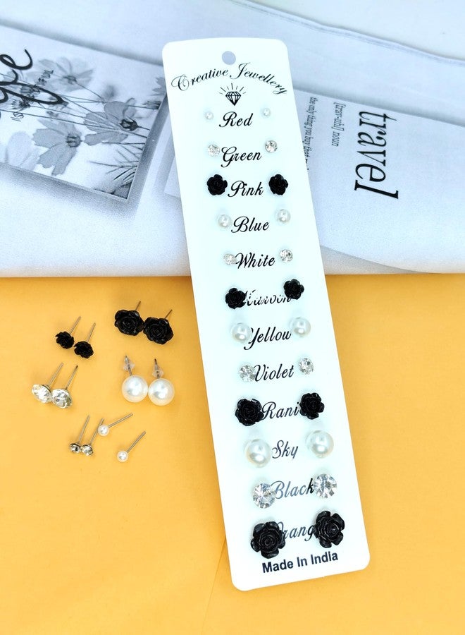 Honbon 12Pairs Rose Flower Ear Studs Simple Design Rhinestone Faux Pearl Ear Tops Tiny Studs Earrings set Casual Wear Ear-Ring Mix Size Fancy Earring Tops for Women & Girls - Image 5