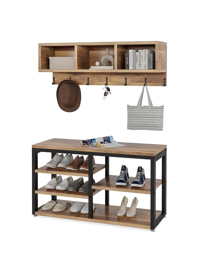 LITTLE TREE Set Coat Shoe Rack entryway Bench, Black+Oak - Image 1