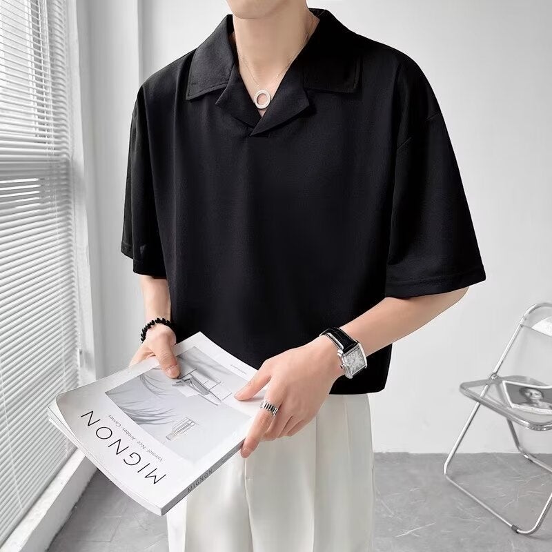 Cuban Collar Men'S Short-Sleeved T-Shirt Summer Loose Lapel Ins Fashion Brand Casual Summer Men'S T-Shirt - Image 4