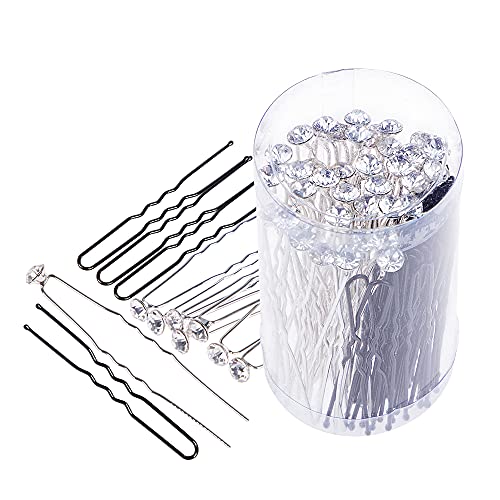 findTop 80 Pack White Rhinestone Hair Pins and U Shape Hairpins, findTop Wedding Hair Clips Professional Hairdressing Grip with Storage Bottle (40 Crystal Pins & 40 U Shape Pins) - Image 1