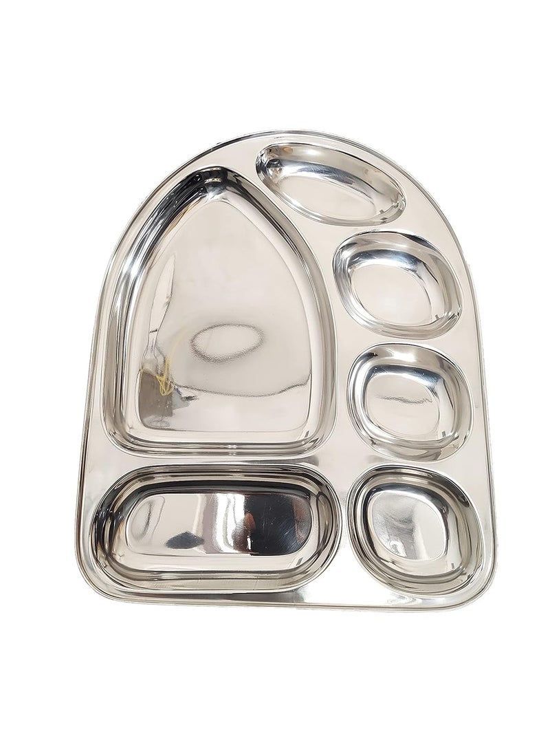 Devera Davera Stainless Steel Dinner PlateThali with Multi Shape Compartments Silver 6 in 1 Banana Leaf Shape Tray Compartment Thali Divided PlatePartitionThali Set of 6 - Image 5