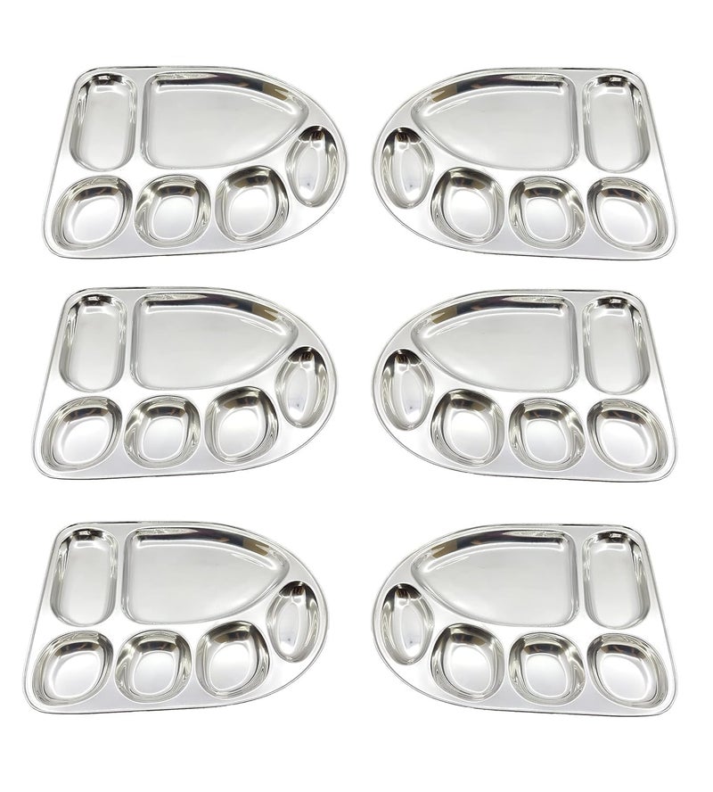 Devera Davera Stainless Steel Dinner PlateThali with Multi Shape Compartments Silver 6 in 1 Banana Leaf Shape Tray Compartment Thali Divided PlatePartitionThali Set of 6 - Image 1