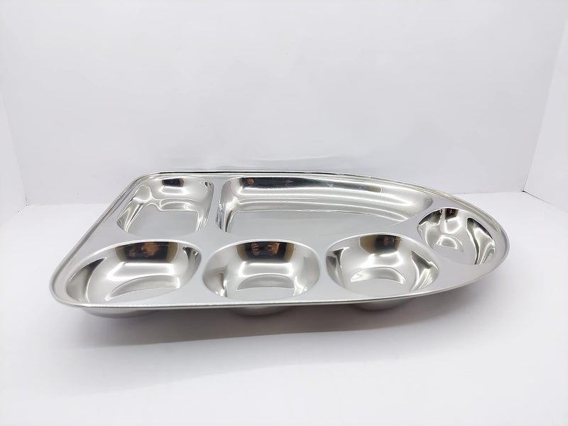 Devera Davera Stainless Steel Dinner PlateThali with Multi Shape Compartments Silver 6 in 1 Banana Leaf Shape Tray Compartment Thali Divided PlatePartitionThali Set of 6 - Image 3