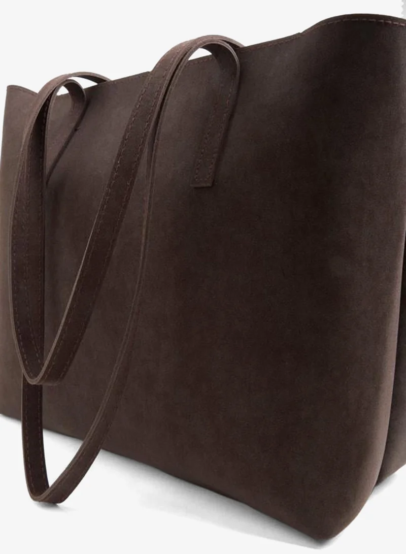 Women's Açelya Dark Coffee Nubuck Large Size Zipper Closure Hand and Shoulder Bag.