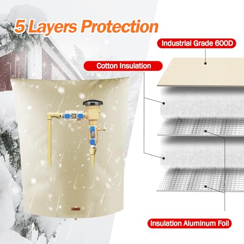 TOHONFOO Backflow Preventer Pipe Insulation Cover (5°F) - Irrigation Sprinkler Valve Insulated Pouch - Water Well Pump Cover - Sturdy 5 Layers for Winter Freeze Protection, 28" W x 36" H, Beige - Image 5