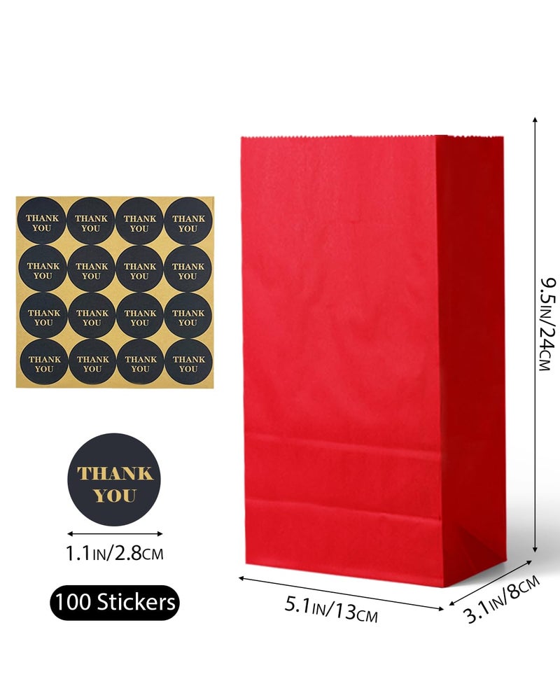 Bakepacker 100 Pcs Red Treat Paper Bags with 100 Stickers 5.1"x3.1"x9.4" Small Party Gift Bag Snack Bag without Handle - Image 5