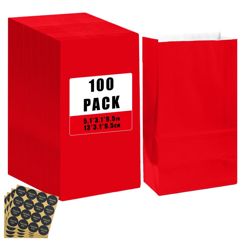 Bakepacker 100 Pcs Red Treat Paper Bags with 100 Stickers 5.1"x3.1"x9.4" Small Party Gift Bag Snack Bag without Handle - Image 1