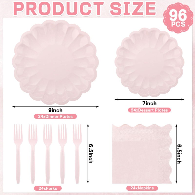 NatNarr 96 Pcs Pink Paper Plates and Napkins Easter Party Supplies Serve 24 Guests Include Light Pink Scalloped Plates Napkins Plastic Forks for Baby Bridal Shower Wedding Mother's Day Birthday - Image 2