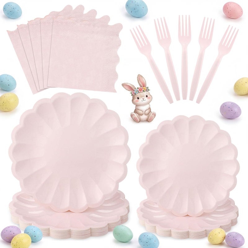 NatNarr 96 Pcs Pink Paper Plates and Napkins Easter Party Supplies Serve 24 Guests Include Light Pink Scalloped Plates Napkins Plastic Forks for Baby Bridal Shower Wedding Mother's Day Birthday - Image 1