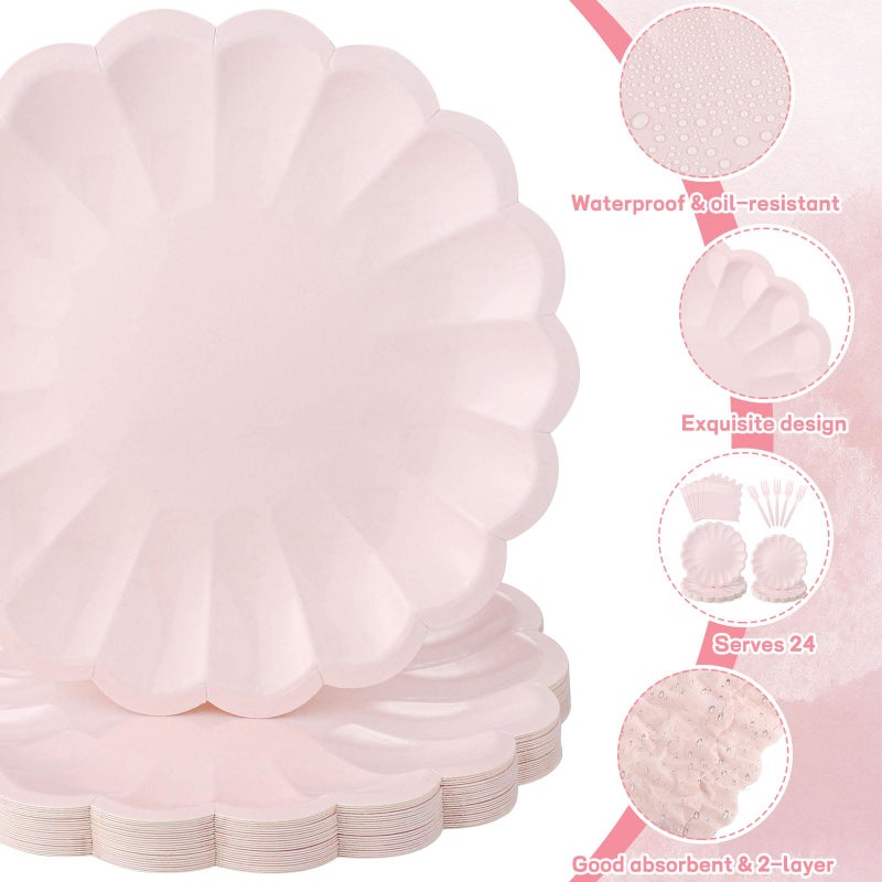 NatNarr 96 Pcs Pink Paper Plates and Napkins Easter Party Supplies Serve 24 Guests Include Light Pink Scalloped Plates Napkins Plastic Forks for Baby Bridal Shower Wedding Mother's Day Birthday - Image 3