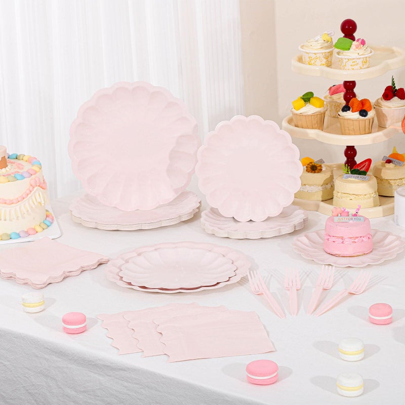 NatNarr 96 Pcs Pink Paper Plates and Napkins Easter Party Supplies Serve 24 Guests Include Light Pink Scalloped Plates Napkins Plastic Forks for Baby Bridal Shower Wedding Mother's Day Birthday - Image 5
