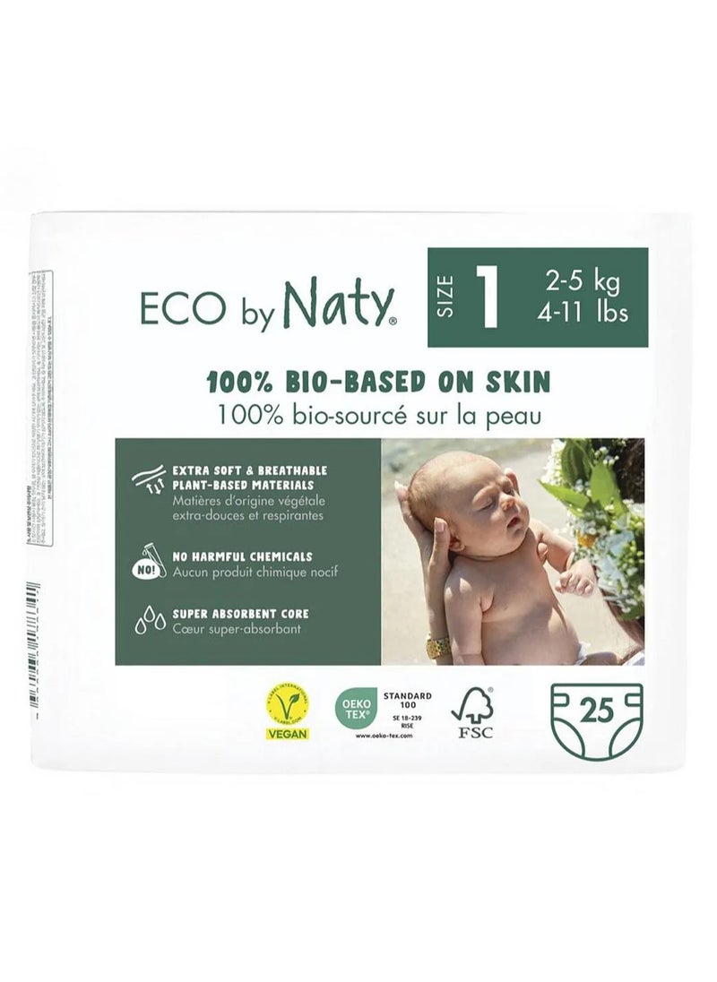 Naty Naty Eco-Friendly Tape Style Diapers, 25 Pieces, Size 1, 2-5kg, Plant-Based, GM-Free, FSC Certified, Breathable and Rash-Preventing 