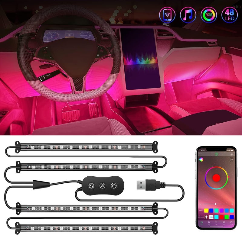 Nilight 4PCS USB Interior Car Lights 48 LEDs RGB LED Strips Lights with App Control Music Sound Active Mode Under Dash Footwell Ambient Lights 2 Line Design for Car Truck ATV UTV, 2 Years Warranty - Image 1