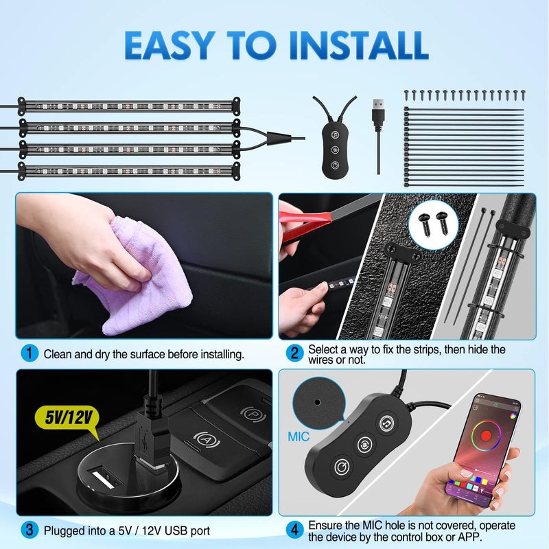 Nilight 4PCS USB Interior Car Lights 48 LEDs RGB LED Strips Lights with App Control Music Sound Active Mode Under Dash Footwell Ambient Lights 2 Line Design for Car Truck ATV UTV, 2 Years Warranty - Image 5