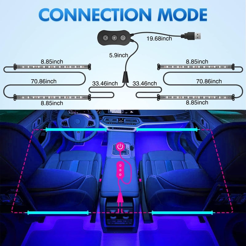 Nilight 4PCS USB Interior Car Lights 48 LEDs RGB LED Strips Lights with App Control Music Sound Active Mode Under Dash Footwell Ambient Lights 2 Line Design for Car Truck ATV UTV, 2 Years Warranty - Image 3