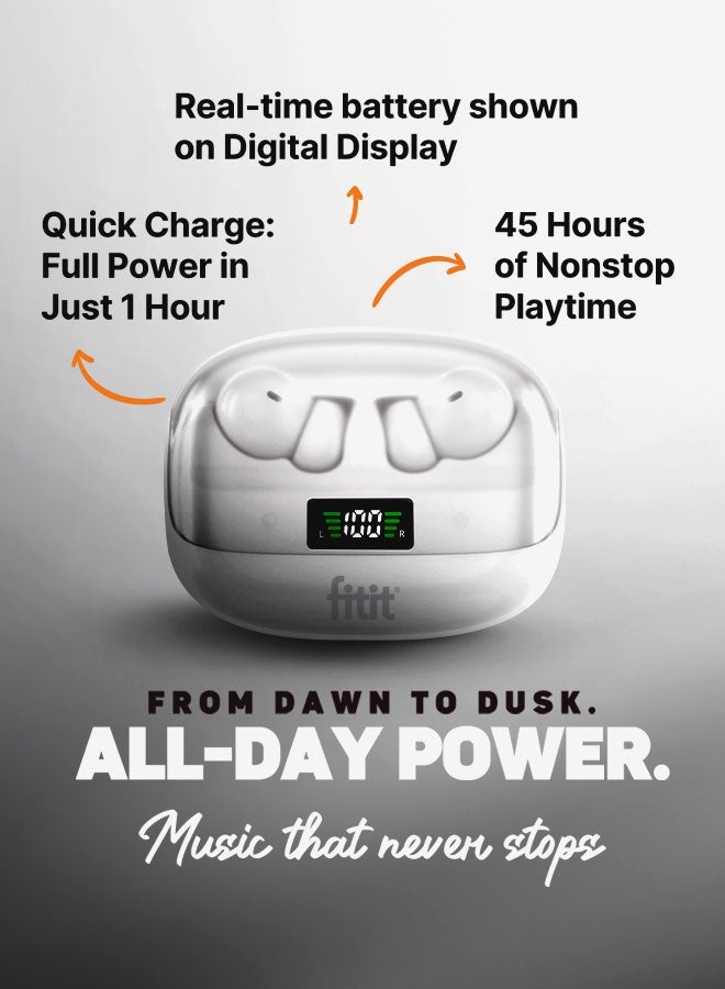 FITIT سماعات أذن لاسلكية مع إلغاء الضوضاء النشط، ميكروفون ENC وبطارية 45 ساعة – بلوتوث 5.3، صوت عميق، تحكم باللمس، شاشة LED، علبة شحن لاسلكية – AirPro أبيض – fitit - Image 3