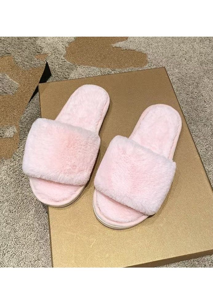 Loquat New Solid Color Plush Slippers Home Warm Non-slip Plush Indoor Flip-flops Open Drag Fluffy Slippers 