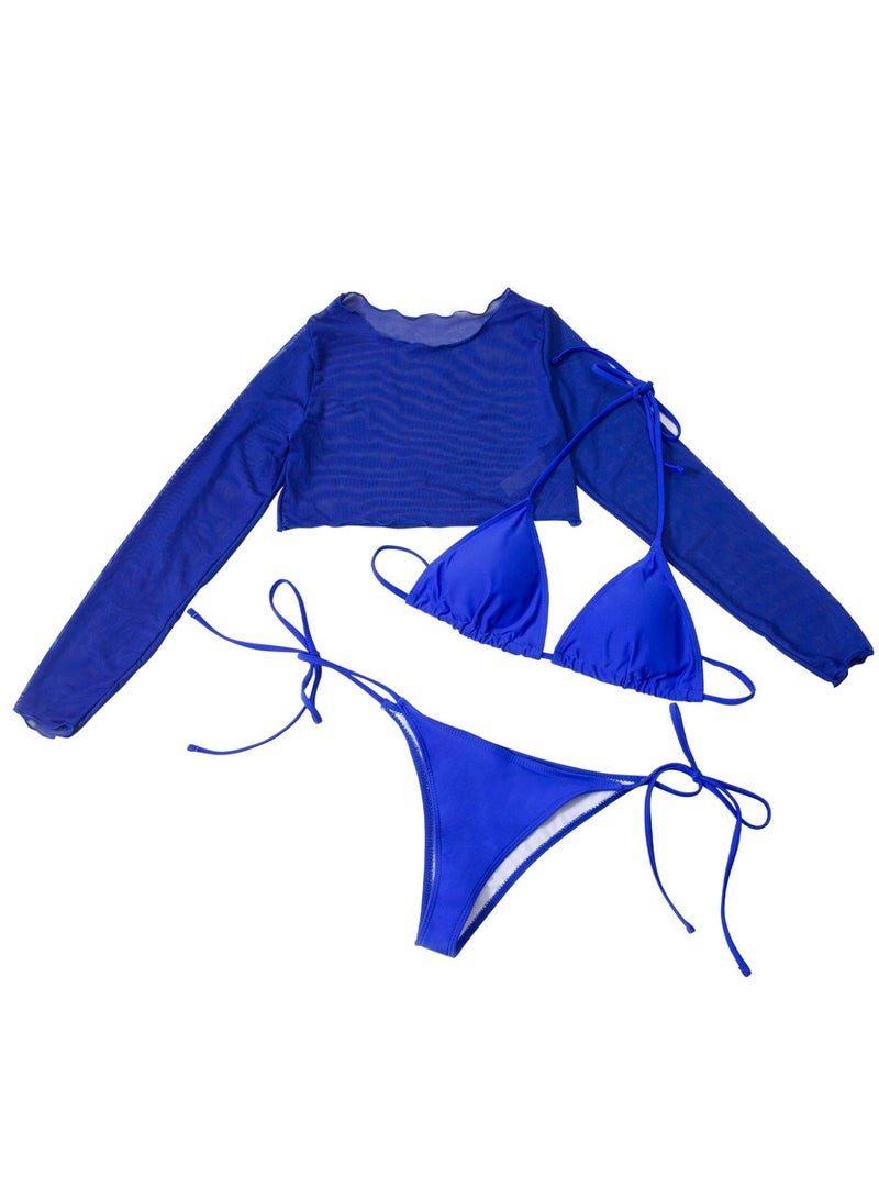 Women's 3-Piece Solid Blue Swimsuit Set, Triangle Halter Bikini with Sheer Mesh Long Sleeve Cover-Up - Image 2