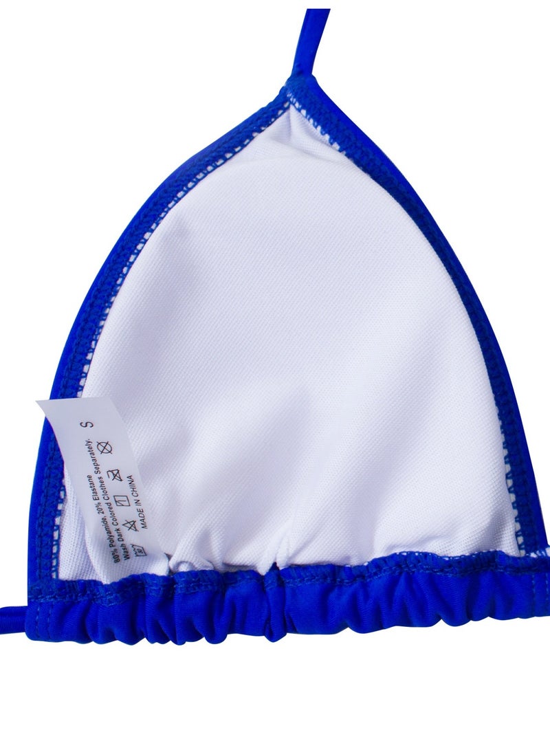 Women's 3-Piece Solid Blue Swimsuit Set, Triangle Halter Bikini with Sheer Mesh Long Sleeve Cover-Up - Image 4