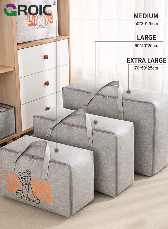 GROIC 4PCS Storage Bags, Large Canvas Clothes Storage Bags with Zippers and Thick Carrying Handles,  Foldable Cotton Linen Closet Organizer for Clothing, Blankets and Bedding, Waterproof Organizing Bags - Image 3