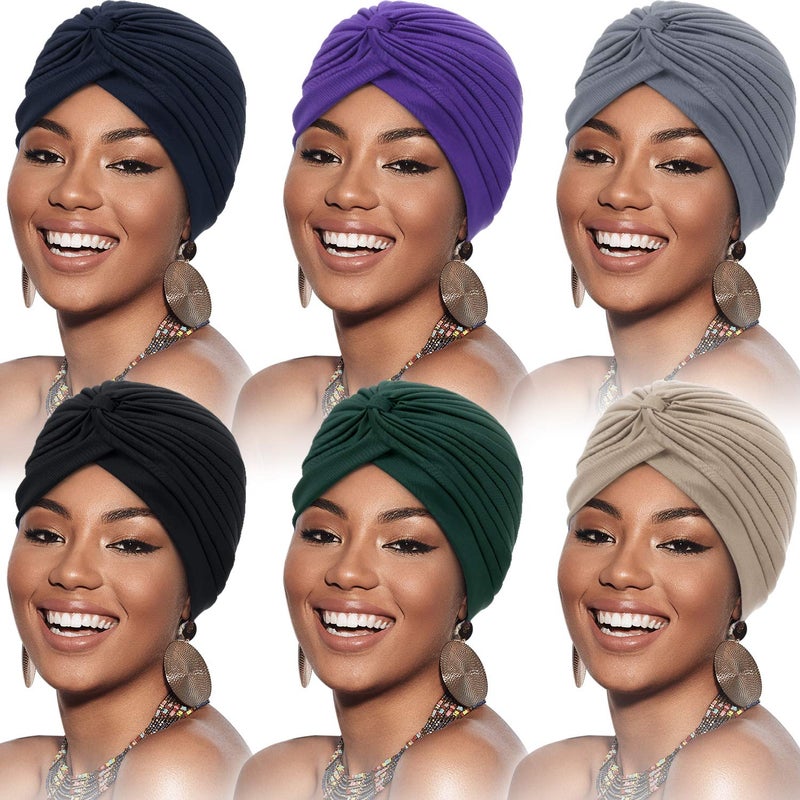 SATINIOR 6 Pieces Turbans for Women Soft Turban Head Wrap Headwear Pleated Beanie Cap Hair Loss Hat Black Dark Blue Beige Gray Purple Navy Blue Medium