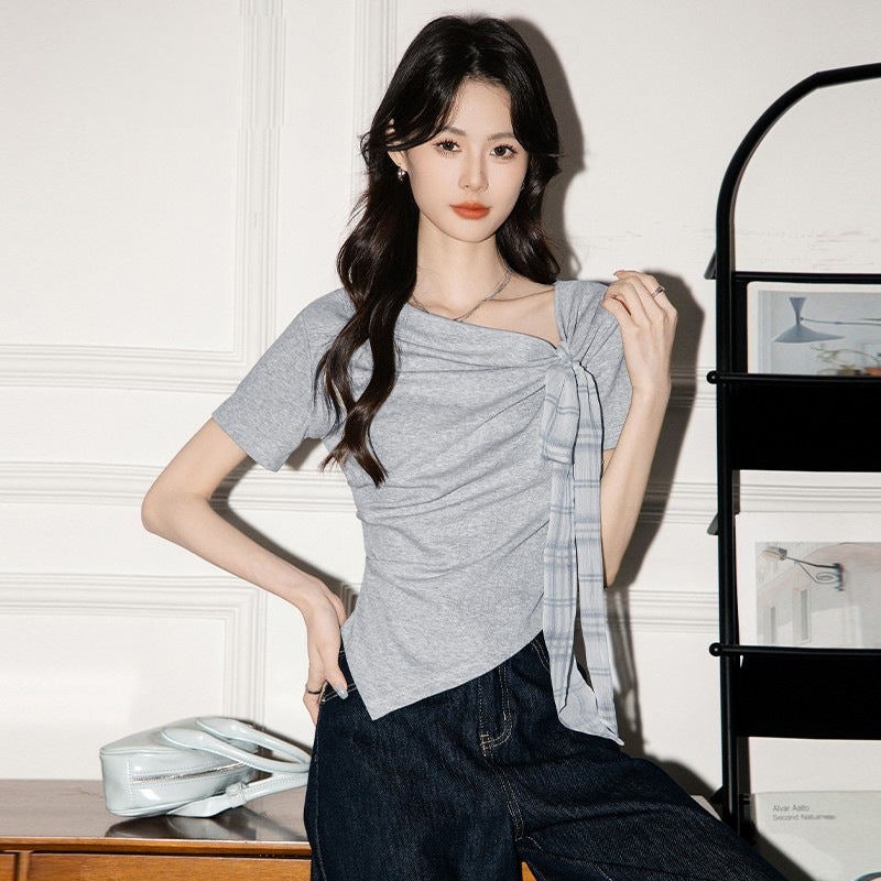 [40 Count Cool Silk Cotton Rib 1×1] Korean Irregular Short-Sleeved T-Shirt Women'S Summer Pure Desire Gentle Style Short - Image 4