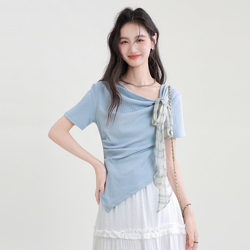 [40 Count Cool Silk Cotton Rib 1×1] Korean Irregular Short-Sleeved T-Shirt Women'S Summer Pure Desire Gentle Style Short - Image 3