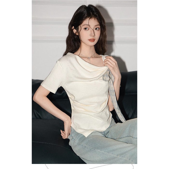 [40 Count Cool Silk Cotton Rib 1×1] Korean Irregular Short-Sleeved T-Shirt Women'S Summer Pure Desire Gentle Style Short - Image 1