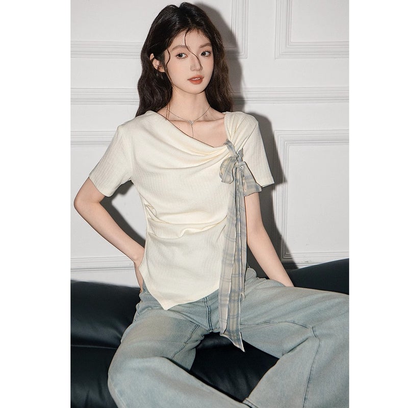 [40 Count Cool Silk Cotton Rib 1×1] Korean Irregular Short-Sleeved T-Shirt Women'S Summer Pure Desire Gentle Style Short - Image 2