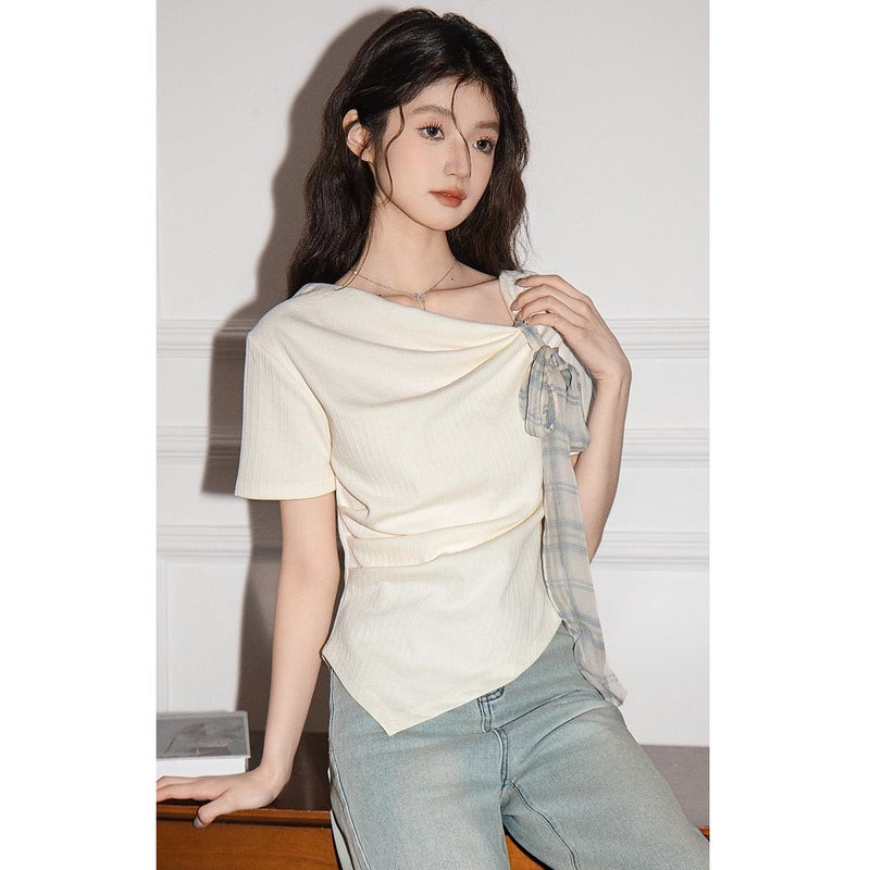 [40 Count Cool Silk Cotton Rib 1×1] Korean Irregular Short-Sleeved T-Shirt Women'S Summer Pure Desire Gentle Style Short - Image 5