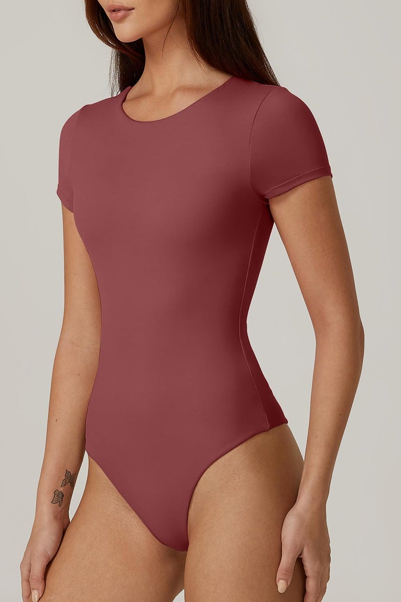 QINSEN Short Sleeve Bodysuit for Women Double Lined Crew Neck T Shirt Bodycon Tops Merlot XXL - Image 2