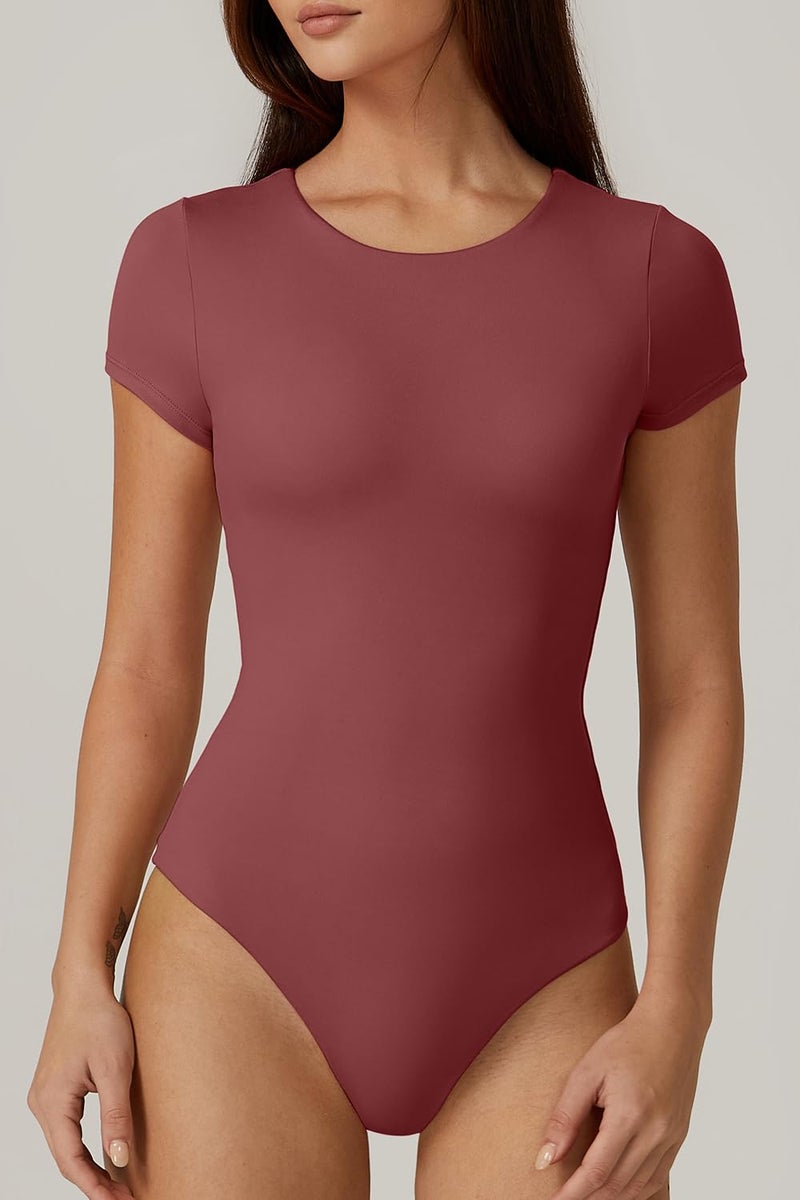 QINSEN Short Sleeve Bodysuit for Women Double Lined Crew Neck T Shirt Bodycon Tops Merlot XXL - Image 3