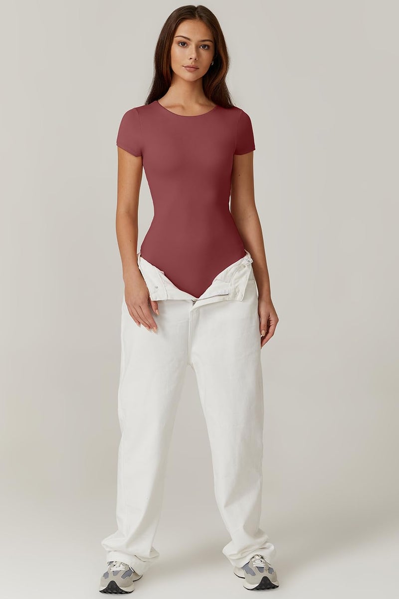 QINSEN Short Sleeve Bodysuit for Women Double Lined Crew Neck T Shirt Bodycon Tops Merlot XXL - Image 4