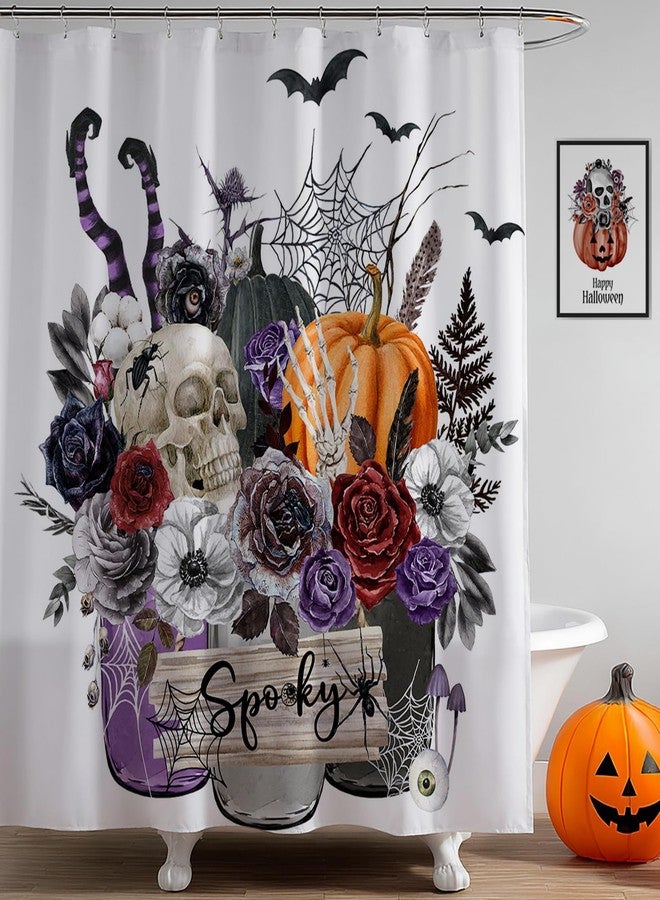 Mocsicka Halloween Shower Curtain Gothic Floral Witch Pumpkin Shower Curtain Skeleton Skull Bath Curtain Waterproof Spooky Bathroom Decor (Purple, 71x71 inch) - Image 1