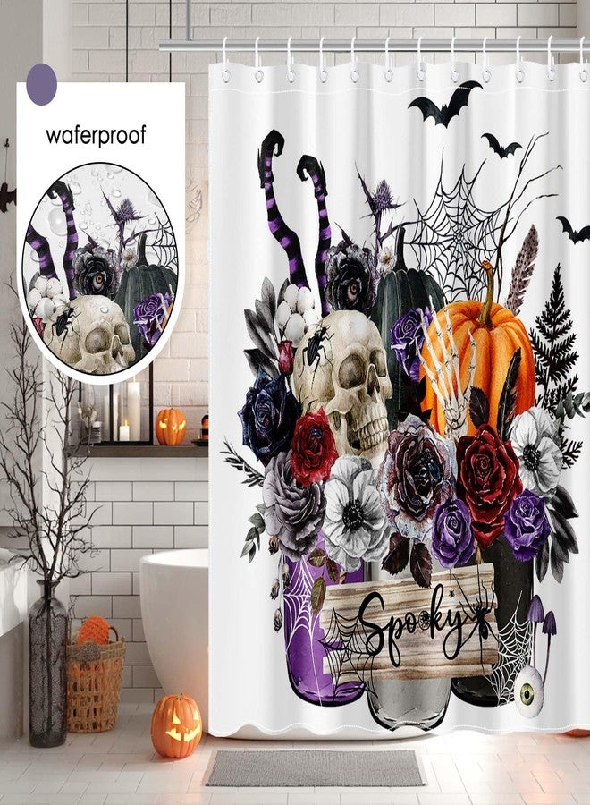 Mocsicka Halloween Shower Curtain Gothic Floral Witch Pumpkin Shower Curtain Skeleton Skull Bath Curtain Waterproof Spooky Bathroom Decor (Purple, 71x71 inch) - Image 5