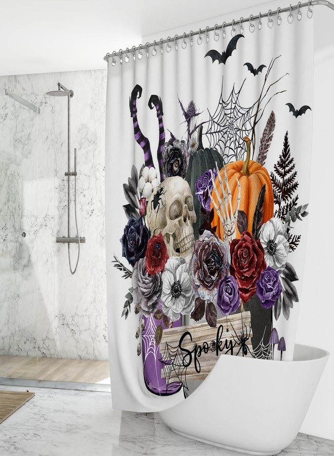 Mocsicka Halloween Shower Curtain Gothic Floral Witch Pumpkin Shower Curtain Skeleton Skull Bath Curtain Waterproof Spooky Bathroom Decor (Purple, 71x71 inch) - Image 2