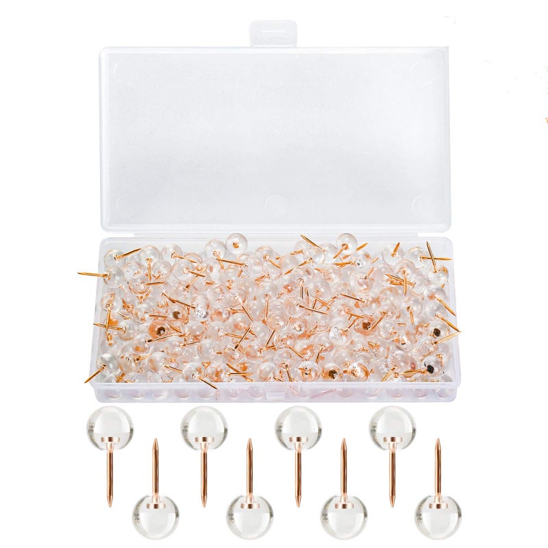 WenTao 150PCS Push Pins Rose Gold Map Thumb Tacks Large Size Pins Rose Gold Steel Point and Transparent Plastic Round Head for Bulletin Board Fabric Marking Crafts and Office Organization