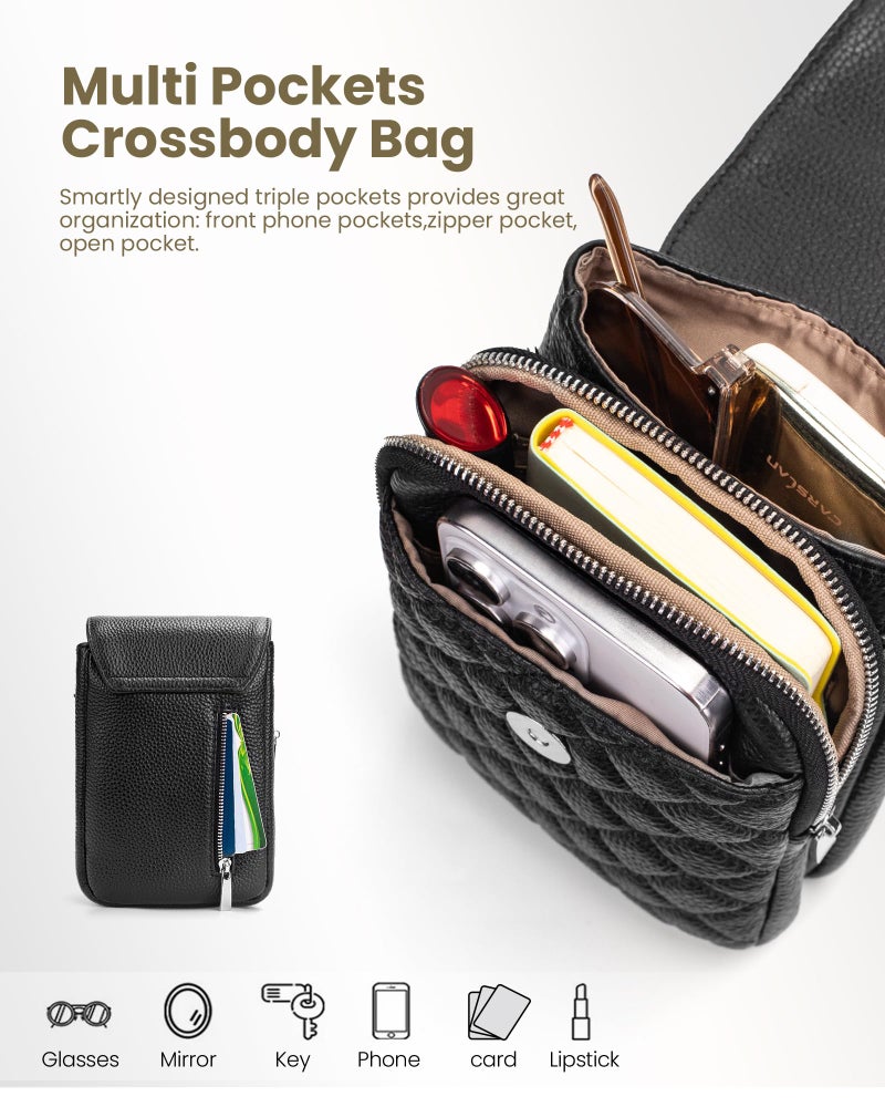 befen Genuine Leather Small Crossbody Bags for Women, Woman Cell Phone Cross body Purse Bag with RFID Blocking Card Slots Diamond Quilted Black - Image 3