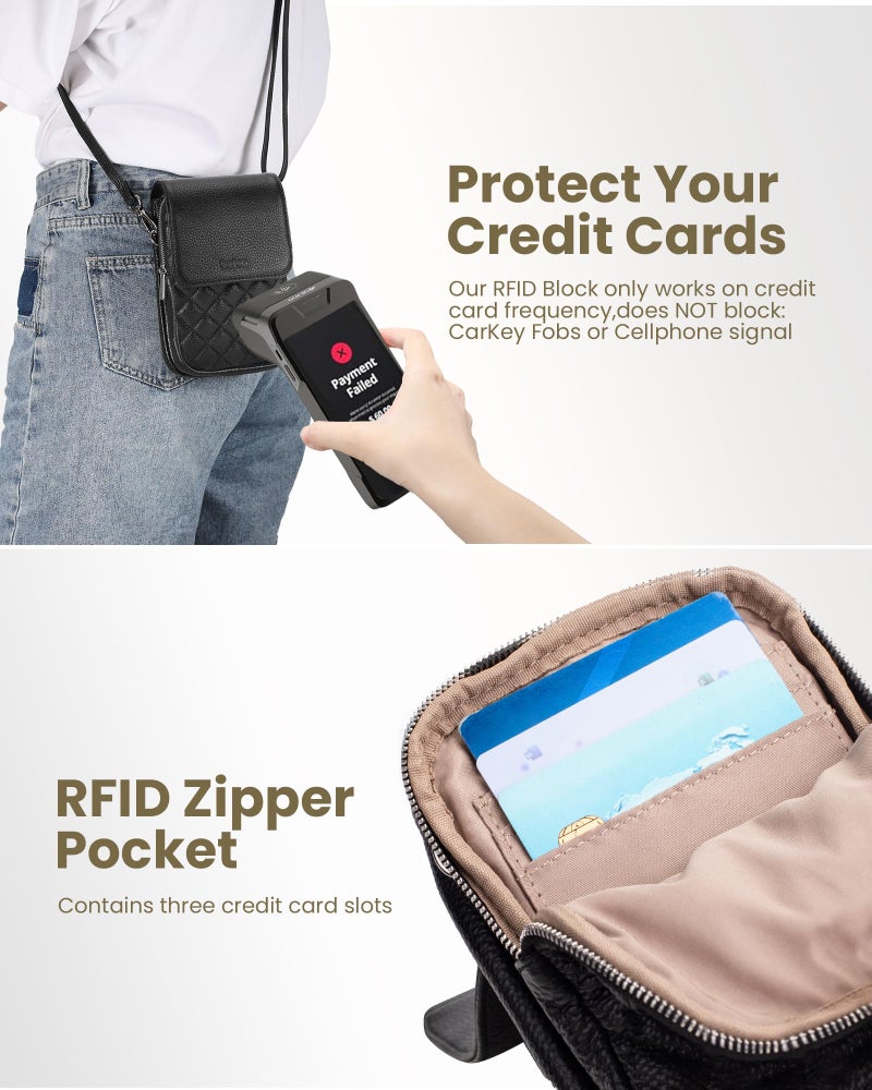 befen Genuine Leather Small Crossbody Bags for Women, Woman Cell Phone Cross body Purse Bag with RFID Blocking Card Slots Diamond Quilted Black - Image 2