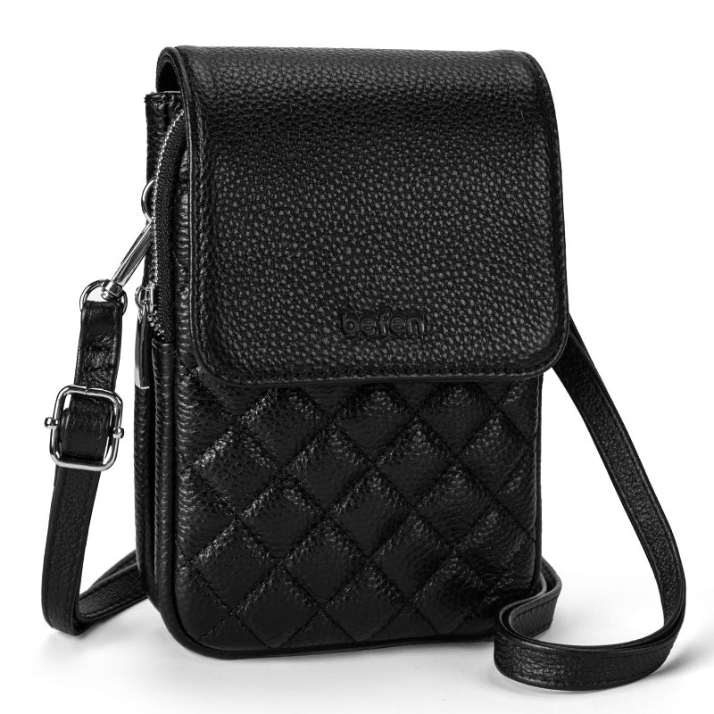 befen Genuine Leather Small Crossbody Bags for Women, Woman Cell Phone Cross body Purse Bag with RFID Blocking Card Slots Diamond Quilted Black - Image 1