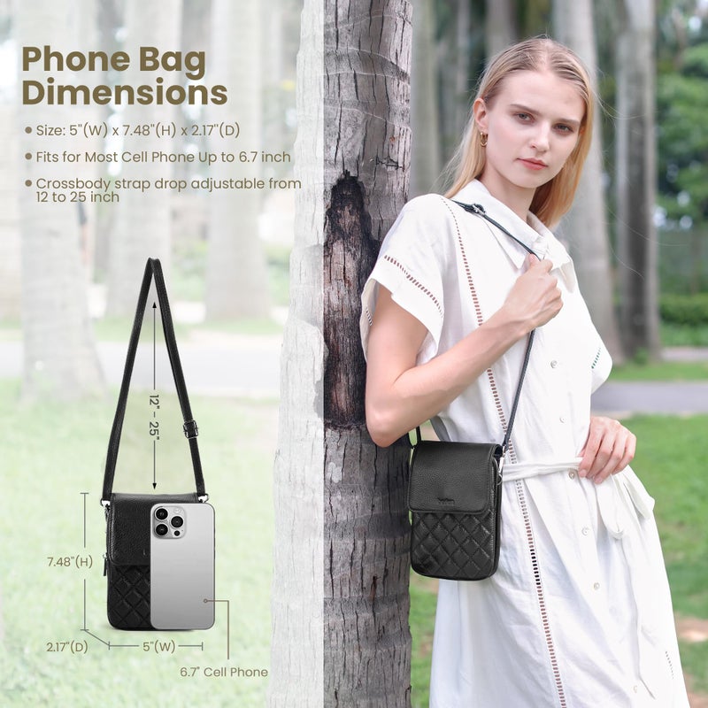 befen Genuine Leather Small Crossbody Bags for Women, Woman Cell Phone Cross body Purse Bag with RFID Blocking Card Slots Diamond Quilted Black - Image 4