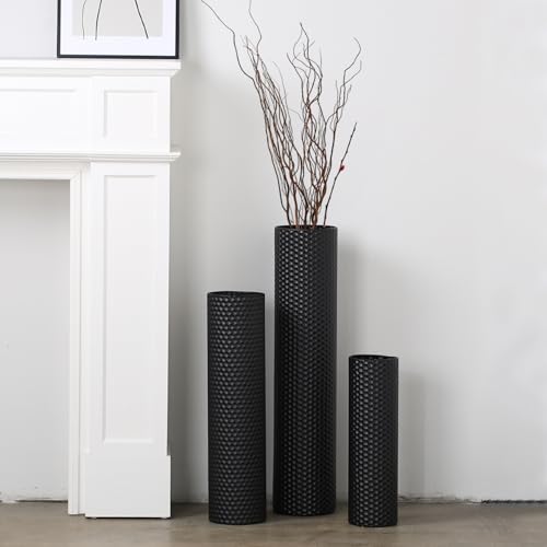Dnnnii Tall Floor Vases Set of 3 - Black Metal Cylinder Vases for Living Room Corner, Modern Honeycomb Texture, Extra Large Standing Decor (Tallest 27.6in, Home Bedroom Dining Decor) - Image 1