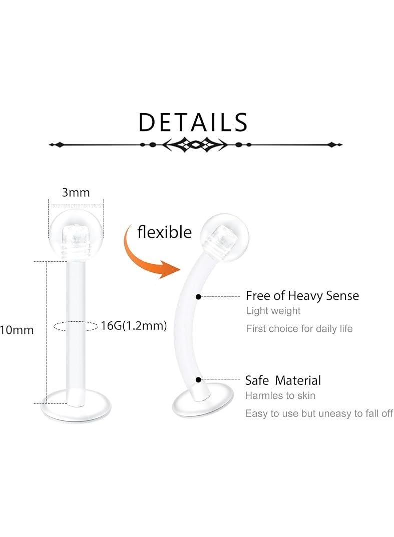 D.Bella 16G Clear UV Flexible Acrylic Labret Lip Ring Tragus Retainer Clear Helix Cartilage Earring Stud Piercing Jewelry Retainer 10pcs 10mm - Image 2