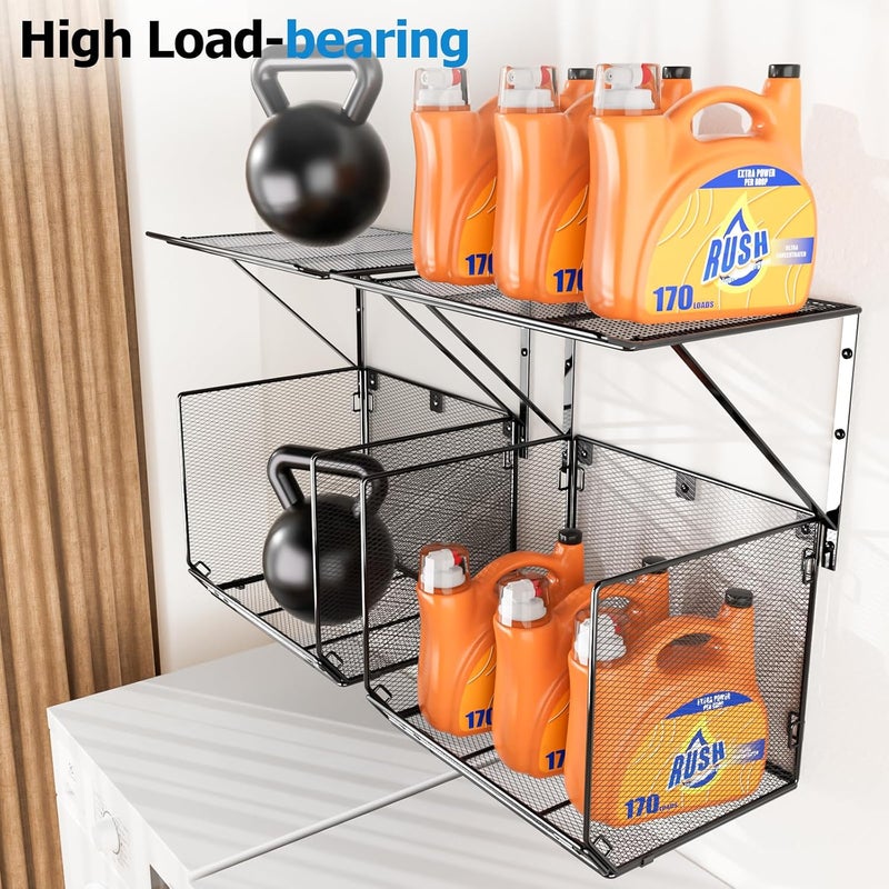 BigPonPon 2 Pack Laundry Room Shelves Organization and Storage,Wall Mounted Clothes Drying Rack with Wire Mesh Basket Over Washer and Dryer, (Black, 2 Pack) - Image 4