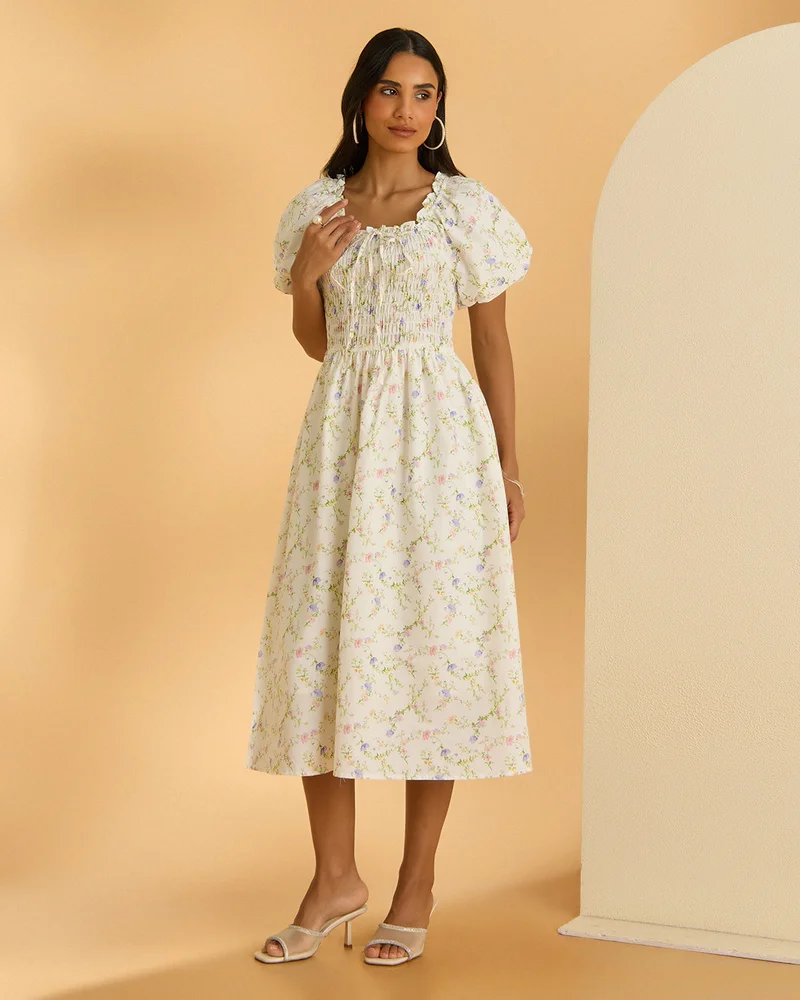 REDTAG Women Cream Printed Poplin Midi Dress