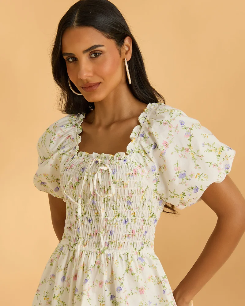 REDTAG Women Cream Printed Poplin Midi Dress