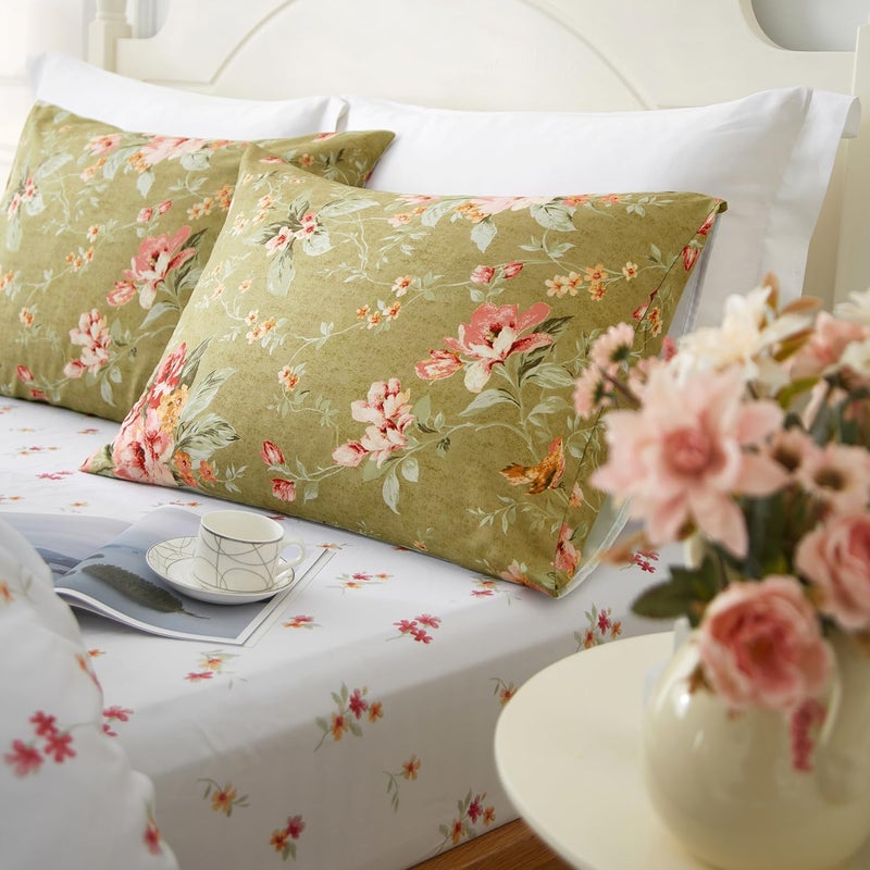 mixinni Duvet Cover King Size, Long Staple Cotton Reversible Green Floral Duvet Cover Set with Zipper Ties, 3 Pieces Botanical Pink Flowers and Green Branches Patterns Bedding Set - Image 4