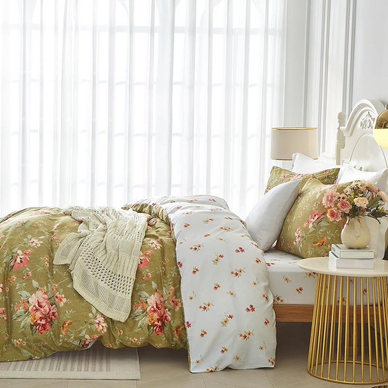 mixinni Duvet Cover King Size, Long Staple Cotton Reversible Green Floral Duvet Cover Set with Zipper Ties, 3 Pieces Botanical Pink Flowers and Green Branches Patterns Bedding Set - Image 3